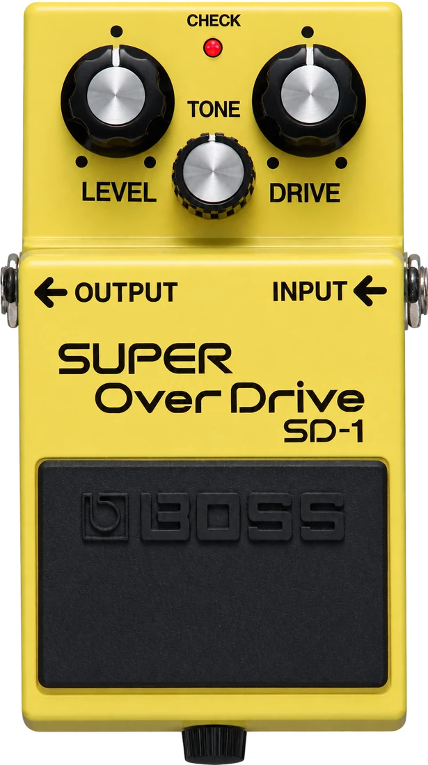 A yellow Boss SD-1 Super OverDrive pedal