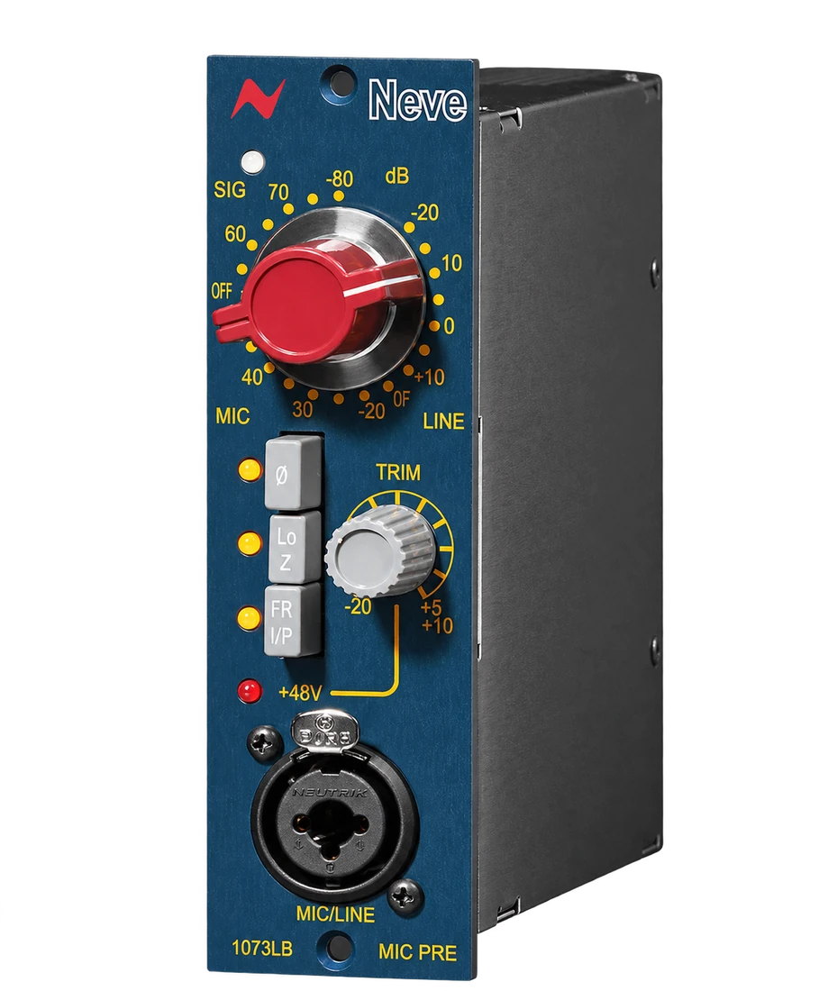 A blue Neve 1073LB preamp with its red gain knob