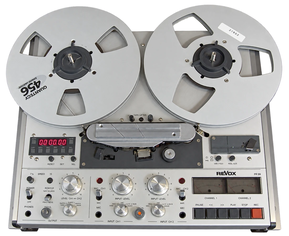 A Revox PR99 tape machine with two silver reels